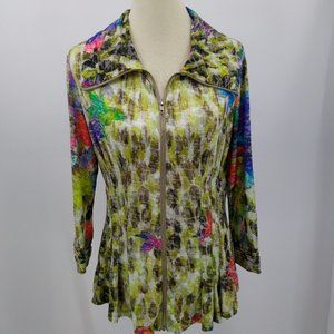 Boho Chic Size Large Jacket Full Zip Green Multi Color 3/4 Sleeve